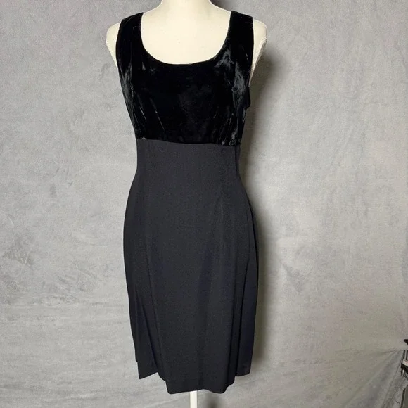 J.R. Nites Size 10 Black Velvet Bodice Dress 90s Minimal Midi Formal - Picture 1 of 8